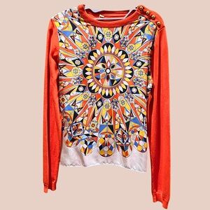 Tory Burch Red and White Geometric Long Sleeve Top